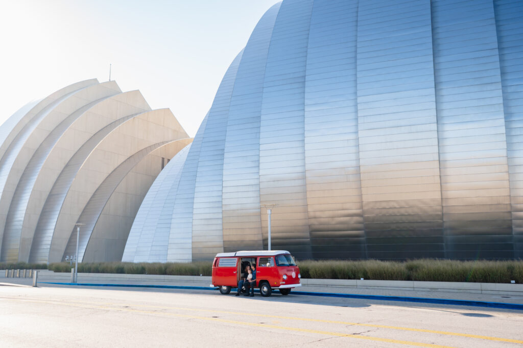 Red bus in front of the KC Performing Arts Center